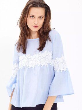 NWT Gate Blue Pinstripe Lace Bell Sleeve Blouse - Size S